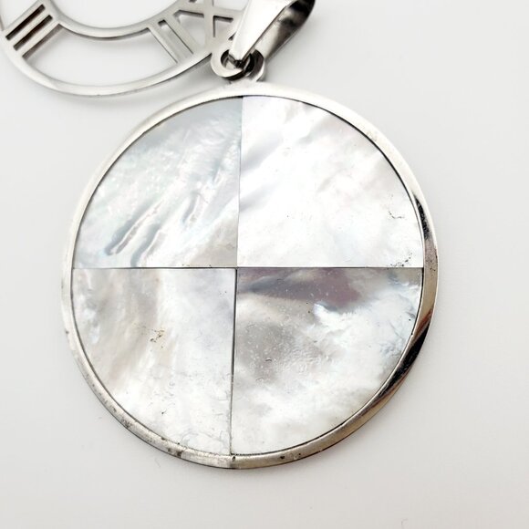 Large Mother of Pearl Clock Silver Pendant Stainless Steel Roman Numerals Sleek - Picture 7 of 7